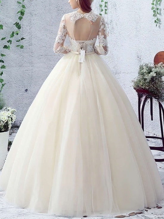 Illusion Tulle Floor-length Wedding Dress with Appliques Lace