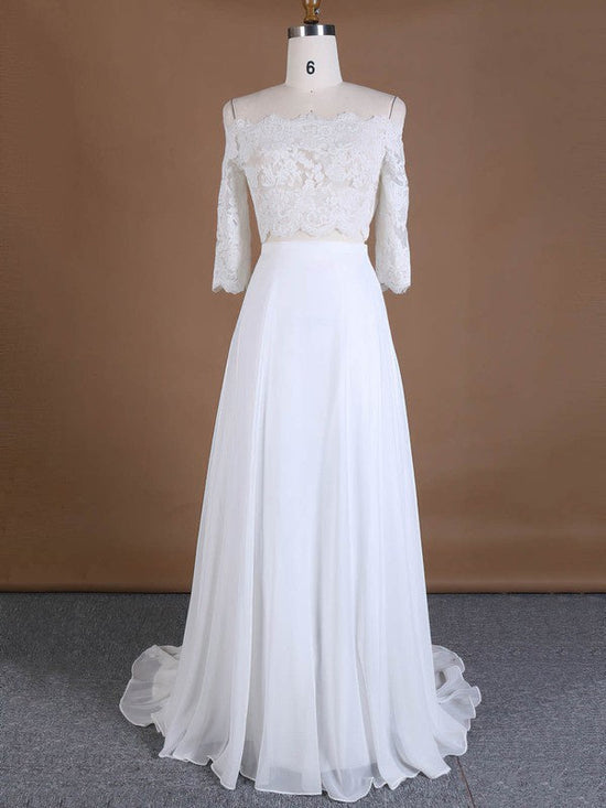 A-line Chiffon Wedding Dress with Off-the-shoulder and Appliques Lace