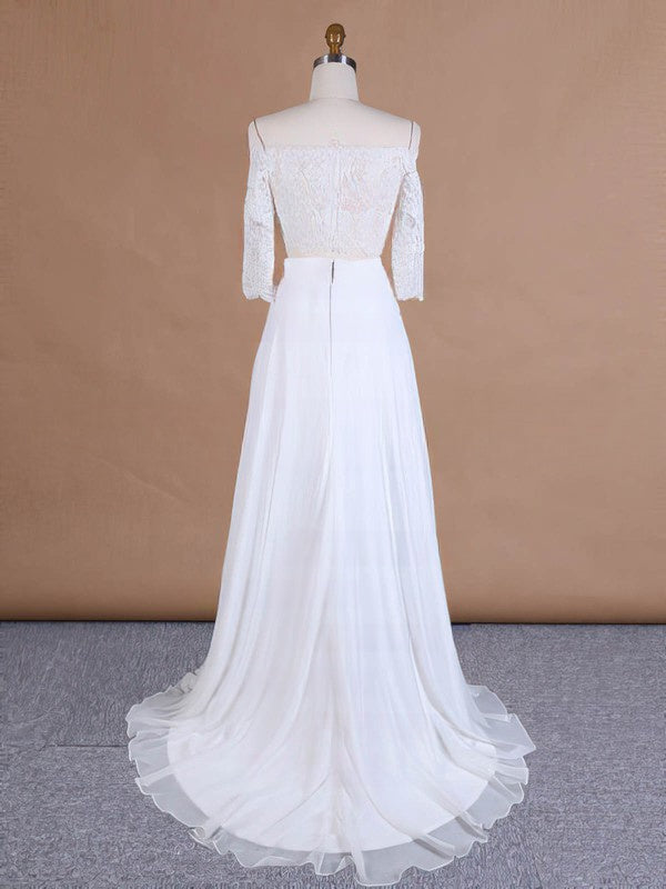 A-line Chiffon Wedding Dress with Off-the-shoulder and Appliques Lace