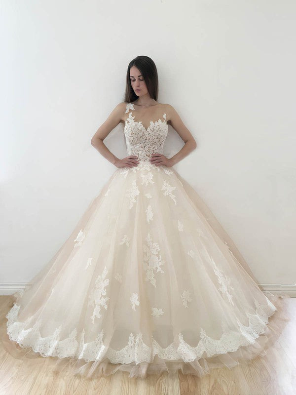 Illusion Tulle Court Train Wedding Dress with Appliques Lace