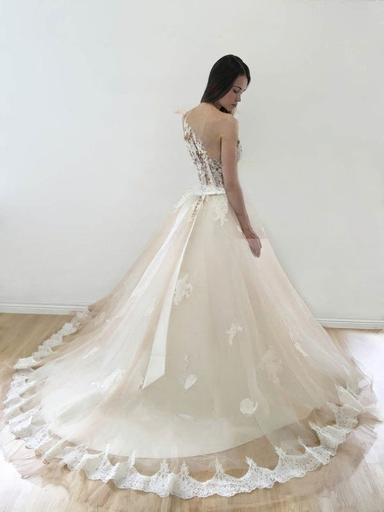 Illusion Tulle Court Train Wedding Dress with Appliques Lace