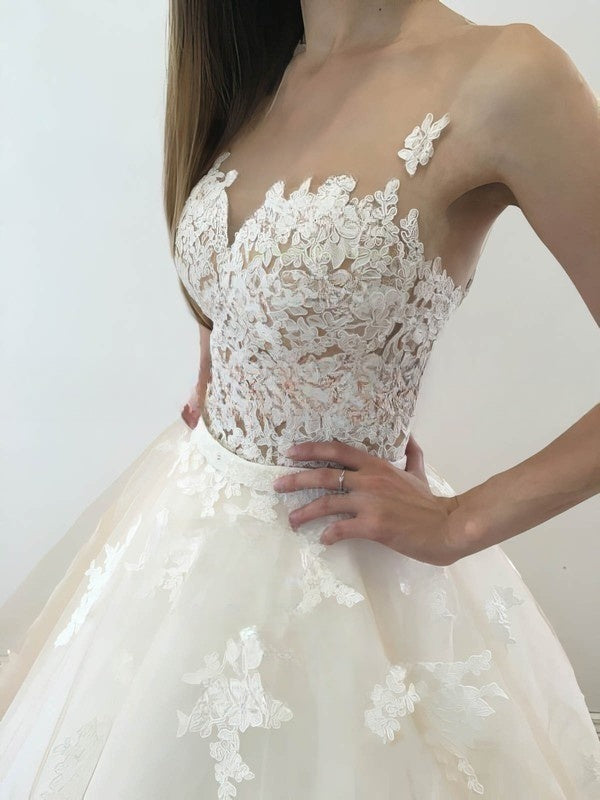 Illusion Tulle Court Train Wedding Dress with Appliques Lace