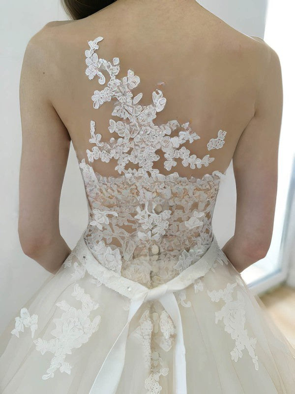 Illusion Tulle Court Train Wedding Dress with Appliques Lace