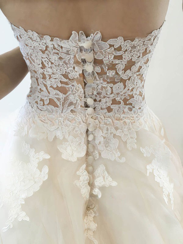 Illusion Tulle Court Train Wedding Dress with Appliques Lace