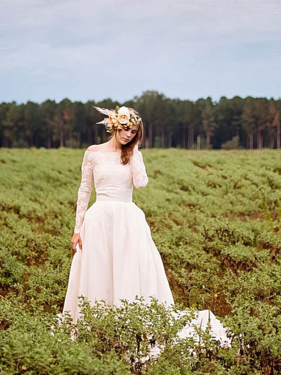 Lace Appliques Off-the-shoulder Ball Gown Chiffon Tulle Court Train Wedding Dress