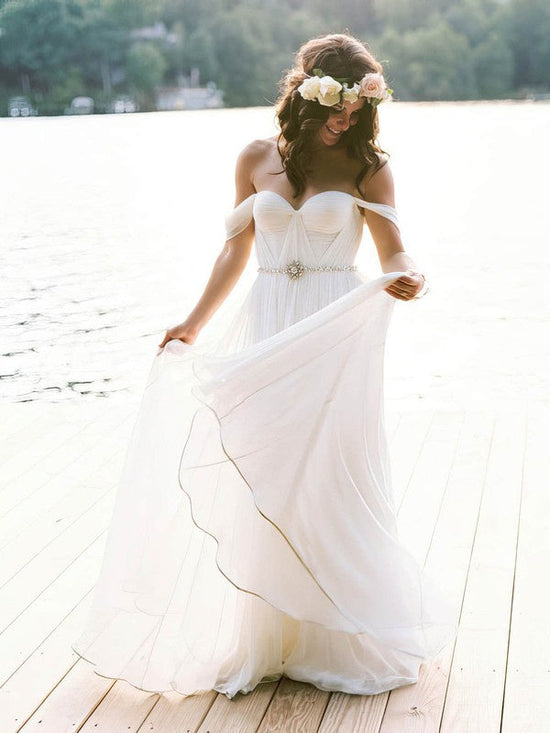 A-line Off-the-shoulder Chiffon Floor-length Wedding Dress with Sashes / Ribbons