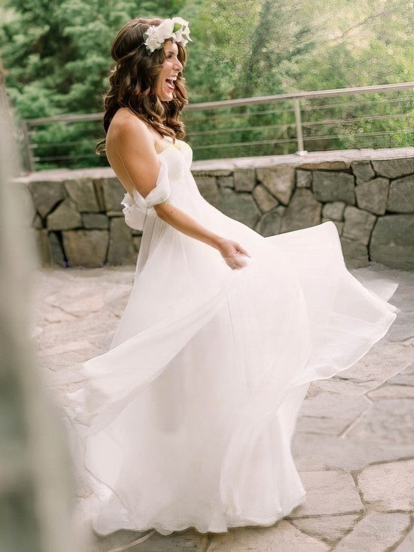 A-line Off-the-shoulder Chiffon Floor-length Wedding Dress with Sashes / Ribbons