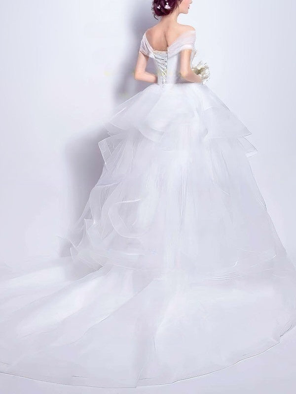 Asymmetrical Wedding Dresses With Tiered Ball Gown Off-the-shoulder Organza