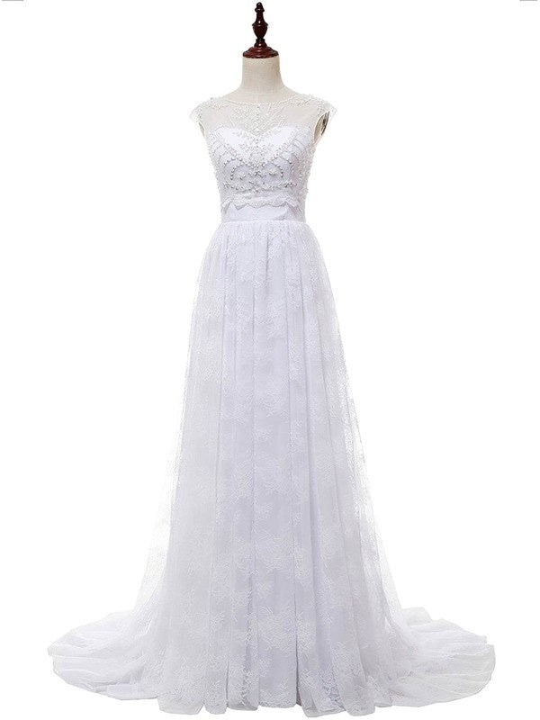 A-Line Sweetheart Lace Sweep Train Wedding Dress With Appliques Lace