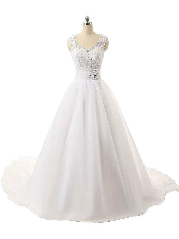 V-neck Organza Ball Gown Wedding Dress with Beading and Court Train