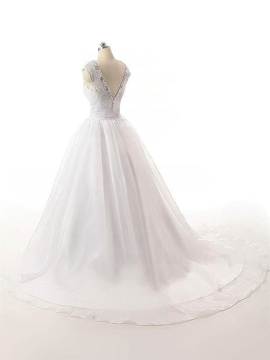 V-neck Organza Ball Gown Wedding Dress with Beading and Court Train