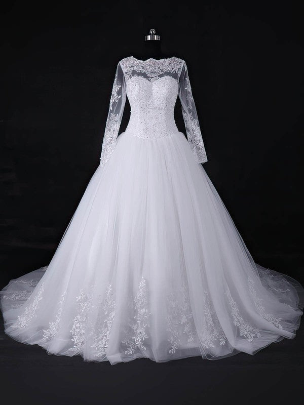 Illusion Tulle Court Train Wedding Dress with Sequins - Ball Gown