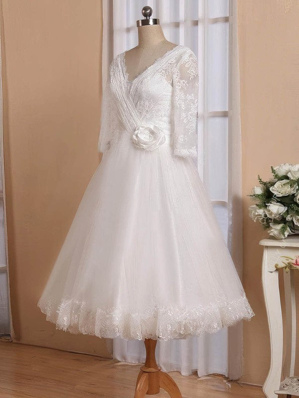 Flower-Adorned V-neck Ball Gown Tea-length Wedding Dress