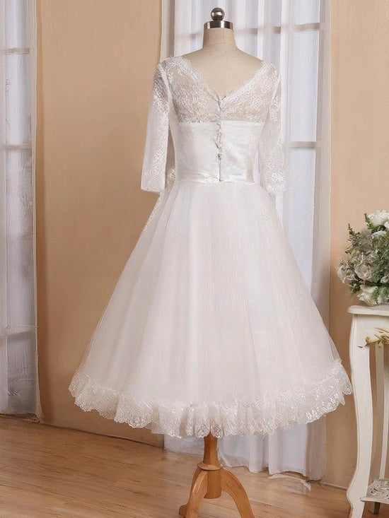 Flower-Adorned V-neck Ball Gown Tea-length Wedding Dress