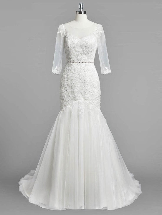 Glamorous Trumpet/Mermaid Illusion Tulle Wedding Dress With Beading and Sweep Train