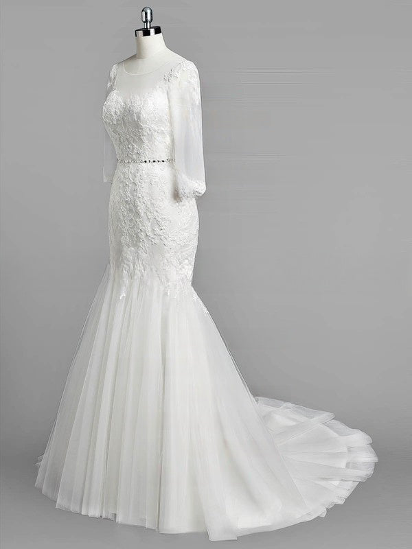 Glamorous Trumpet/Mermaid Illusion Tulle Wedding Dress With Beading and Sweep Train