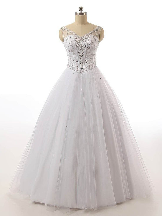 V-neck Tulle Floor-length Wedding Dress with Appliques and Lace