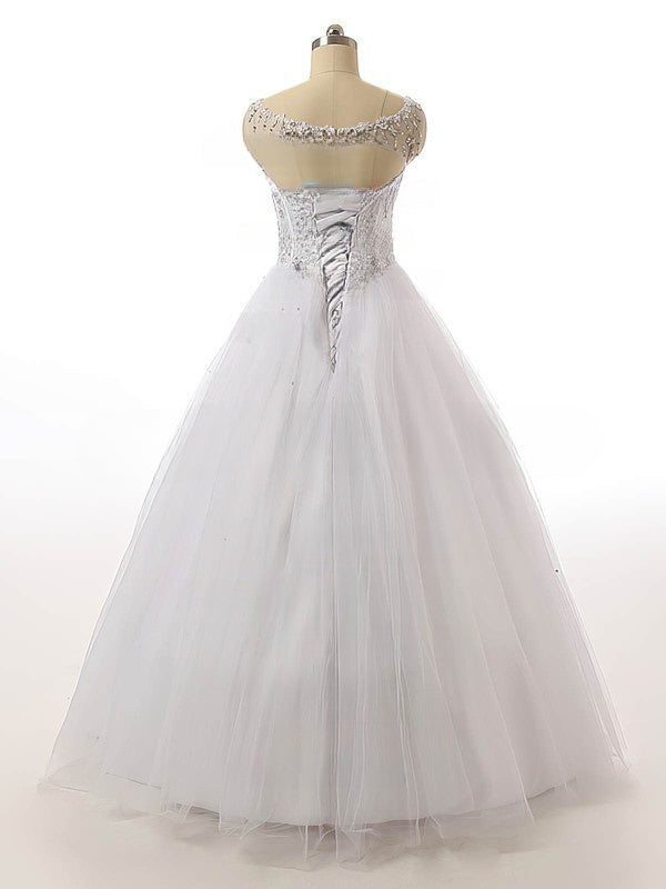 V-neck Tulle Floor-length Wedding Dress with Appliques and Lace