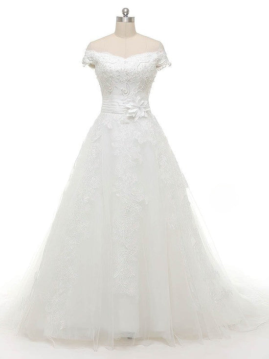 Off-the-shoulder Tulle Ball Gown Wedding Dress with Appliques Lace and Sweep Train