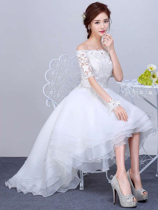 A-Line Off-the-Shoulder Asymmetrical Wedding Dress with Appliques Lace