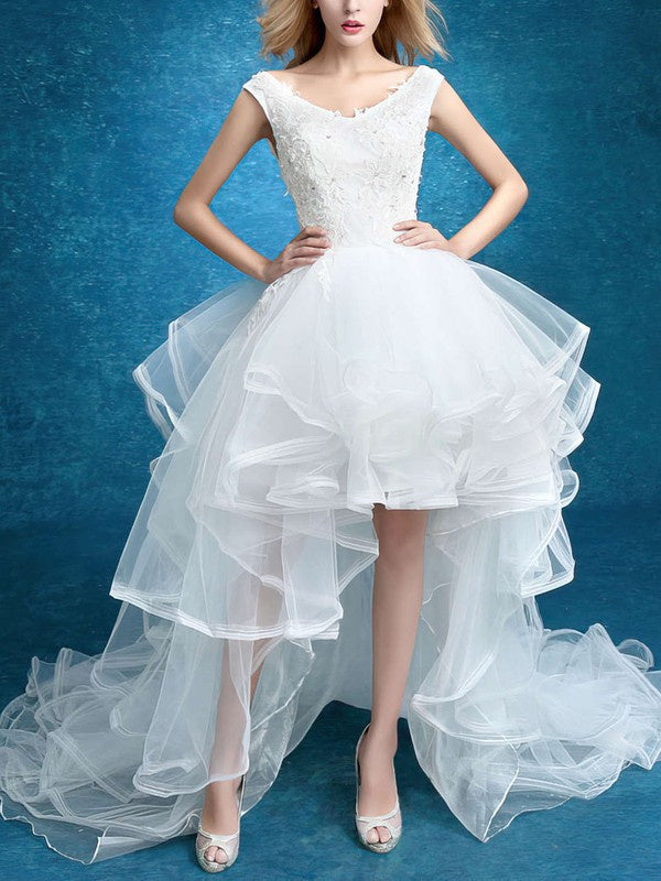 A-line V-neck Tulle Asymmetrical Wedding Dress with Tiered Ruffles