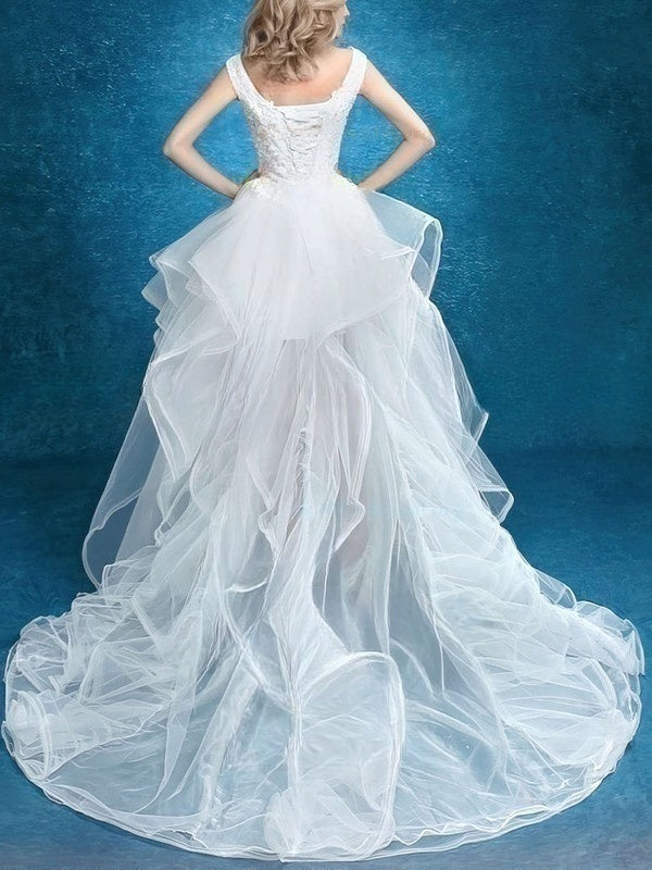 A-line V-neck Tulle Asymmetrical Wedding Dress with Tiered Ruffles