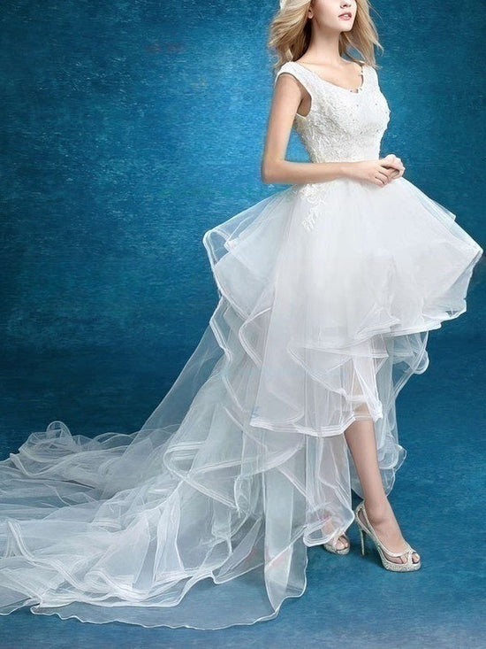 A-line V-neck Tulle Asymmetrical Wedding Dress with Tiered Ruffles