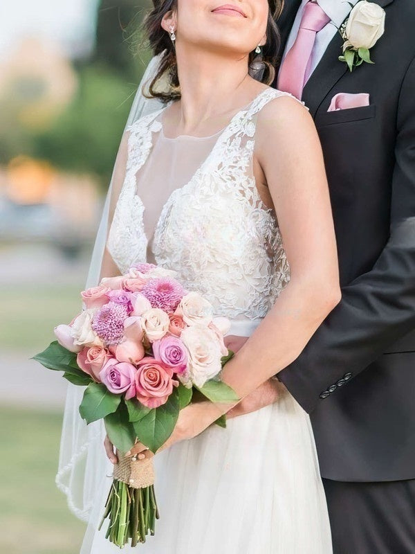 A-line Illusion Tulle Wedding Dress With Appliques Lace and Sweep Train