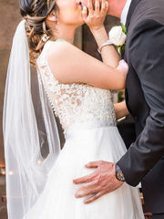 A-line Illusion Tulle Wedding Dress With Appliques Lace and Sweep Train