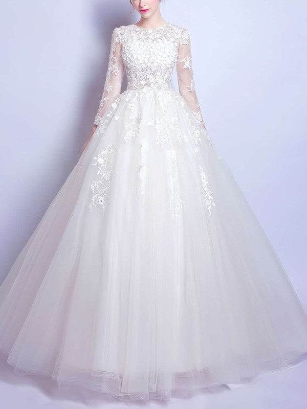 Illusion Tulle Floor-length Wedding Dress with Appliques Lace