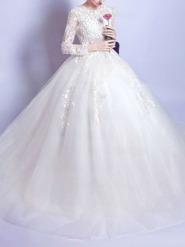 Illusion Tulle Floor-length Wedding Dress with Appliques Lace