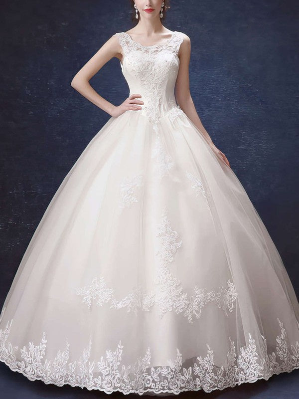 Illusion Tulle Ball Gown Wedding Dress with Appliques and Lace