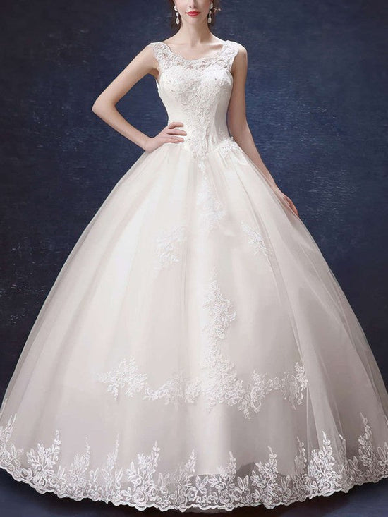 Illusion Tulle Ball Gown Wedding Dress with Appliques and Lace