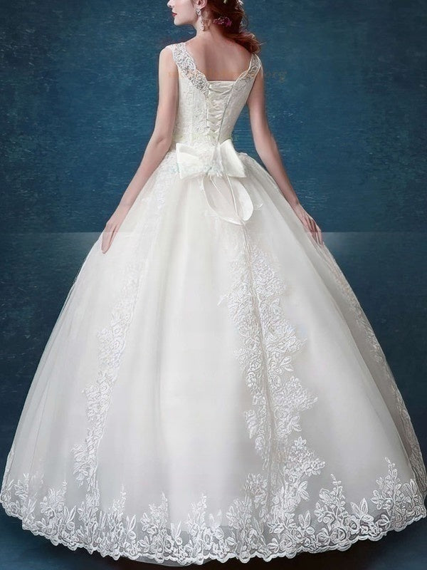 Illusion Tulle Ball Gown Wedding Dress with Appliques and Lace