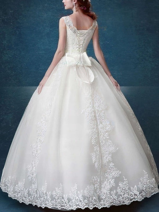 Illusion Tulle Ball Gown Wedding Dress with Appliques and Lace