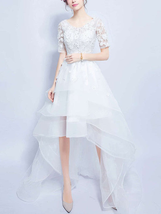 A-Line Illusion Organza Asymmetrical Wedding Dresses With Tiered Skirt