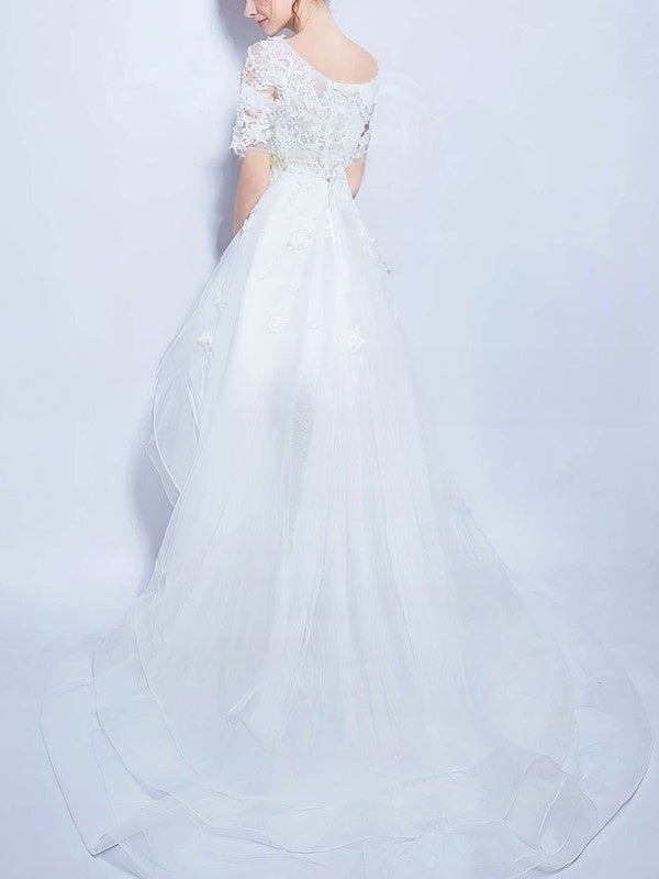 A-Line Illusion Organza Asymmetrical Wedding Dresses With Tiered Skirt