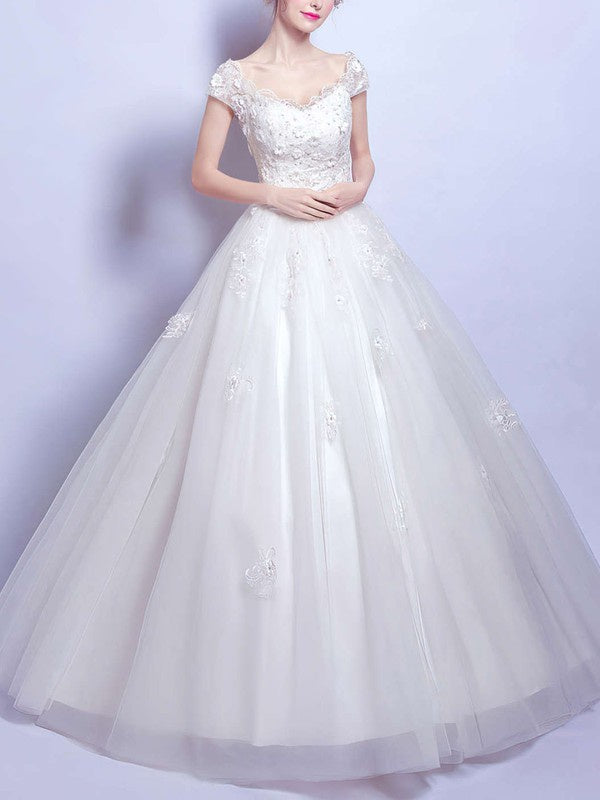 V-neck Tulle Floor-length Wedding Dress With Appliques Lace - Ball Gown