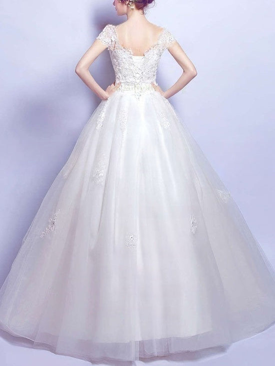 V-neck Tulle Floor-length Wedding Dress With Appliques Lace - Ball Gown