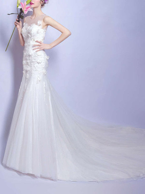 Mermaid Illusion Tulle Court Train Wedding Dress with Appliques Lace