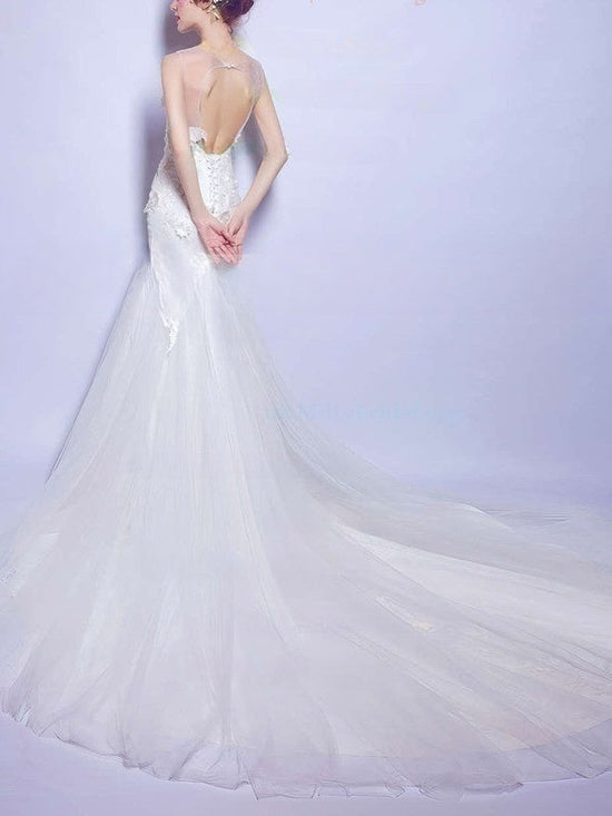 Mermaid Illusion Tulle Court Train Wedding Dress with Appliques Lace