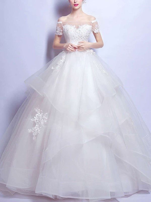 Organza Floor-length Wedding Dress with Appliques Lace - Off-the-shoulder Ball Gown