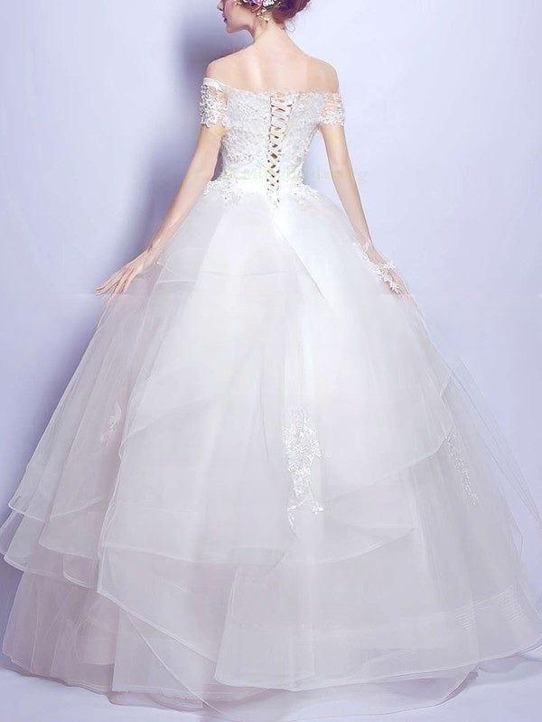 Organza Floor-length Wedding Dress with Appliques Lace - Off-the-shoulder Ball Gown