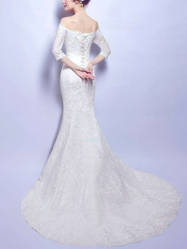 Elegant Off-the-shoulder Lace Trumpet/Mermaid Wedding Dress With Beading and Sweep Train