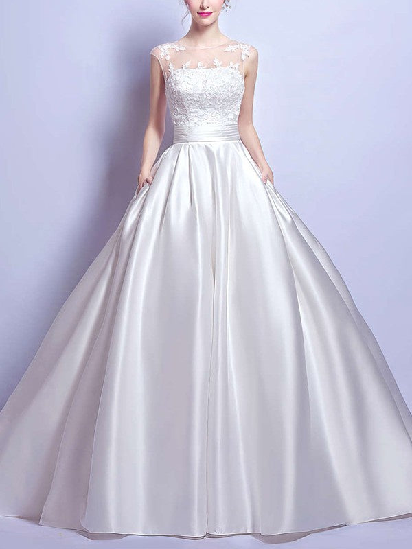 Elegant Court Train Wedding Dress with Pockets - Ball Gown Illusion Satin