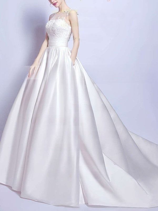 Elegant Court Train Wedding Dress with Pockets - Ball Gown Illusion Satin