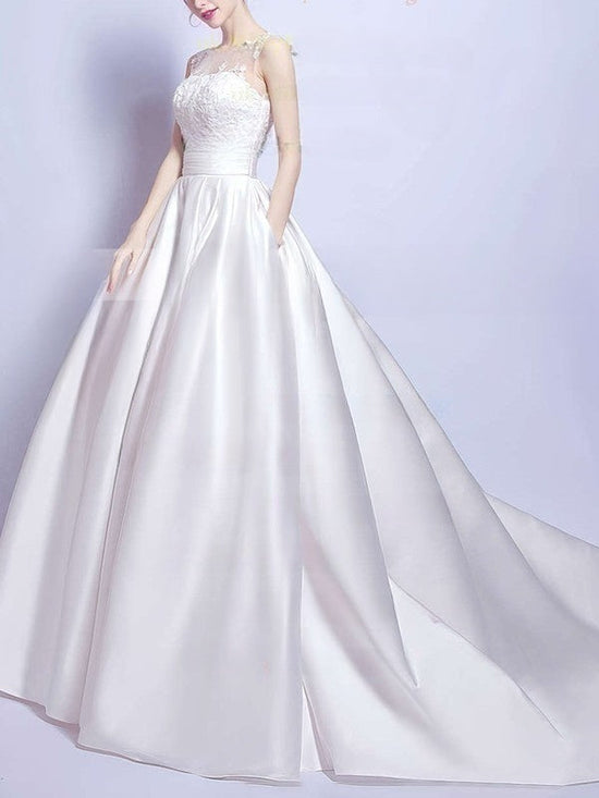 Elegant Court Train Wedding Dress with Pockets - Ball Gown Illusion Satin