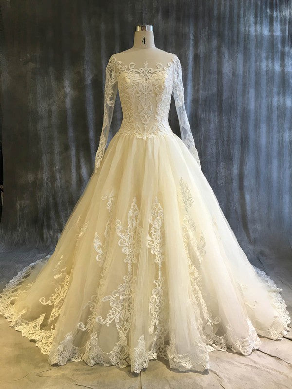 Illusion Tulle Ball Gown Chapel Train Wedding Dress with Lace Appliques