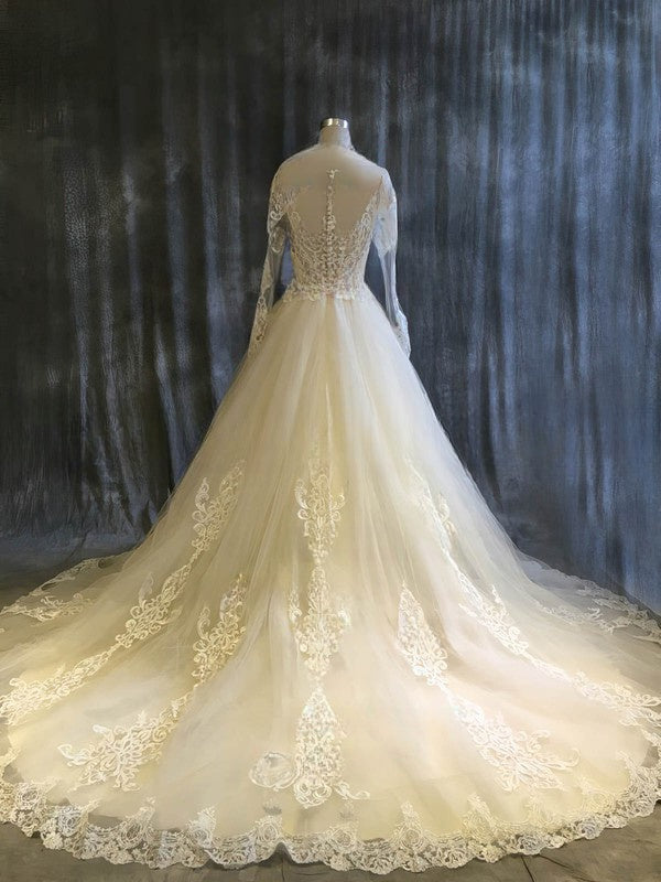 Illusion Tulle Ball Gown Chapel Train Wedding Dress with Lace Appliques