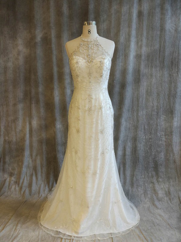 Beaded Trumpet/Mermaid Halter Tulle Sweep Train Wedding Dress